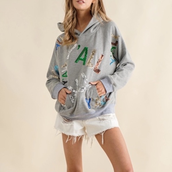 French Terry Sequin Embroidery Graphic Y'ALL Pullover Hoodie Sweatshirt | Gray - Picture 1 of 10